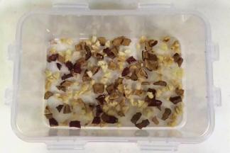 把切好的红枣碎和核桃碎放入保鲜盒内。