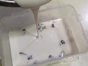 把搅拌好的糯米糊倒入保鲜盒内。