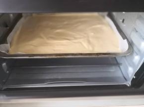最后把蛋糊倒入裱字后预烤过的油纸烤盘里，抹平表面，轻震2下送入烤箱170度上下火中层烤25分钟即可，取出后倒扣撕去油纸卷起来就可以了！