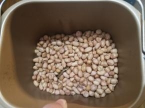这里准备的是生花生，先使用面包机选择炒干果选项炒熟，然后去皮。