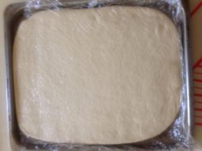 擀成薄片 长度大约是片状黄油的两倍大 宽度比片状黄油略宽 包好保鲜膜放入冰箱冷冻