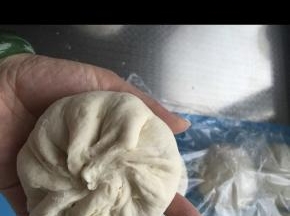 将面团擀成中间厚边缘薄的面皮，放上馅，包成包子样。