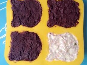 慕斯胚冻硬了取出，把巧克力可可脆片填满模具，尽量压实一些。再移入冰箱冷冻四个小时以上即可脱模