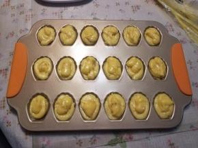 将烤箱提前150度预热，然后把准备好的面糊挤入玛德琳模具。