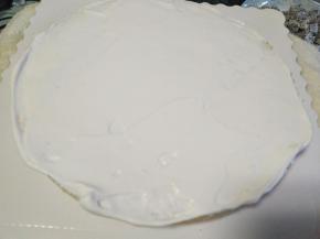 底托上放一片蛋糕胚，涂抹少量奶油