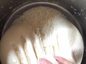 .用保鲜膜盖上发酵至2倍大，发酵好的面团手指戳下不回缩，扯开有蜂窝状组织即为发酵好了
