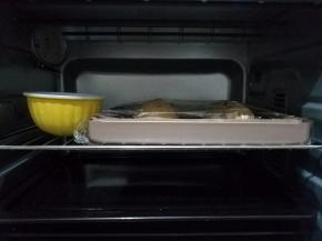 然后用保鲜膜包好后，把面包烤盘放进烤箱，再在烤箱里放一碗热水，发酵到1.5至2倍大。