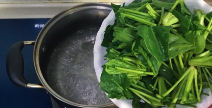 菠菜洗净切段后锅里放盐焯水