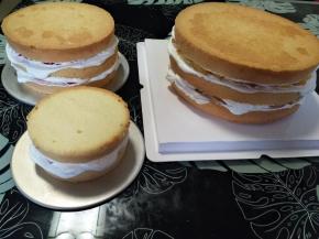 底托上先放一片蛋糕胚，涂抹少量奶油，放水果，再涂抹少量奶油，依次做好夹心部分