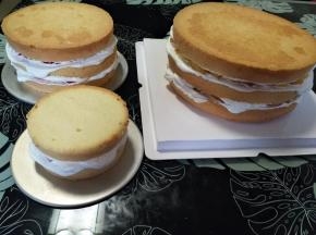 底托上先放一片蛋糕胚，涂抹少量奶油，放水果，再涂抹少量奶油，依次做好夹心部分