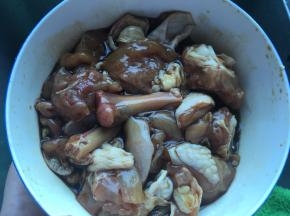 鸡腿剔出骨头切块，提前用少许盐、料酒、酱油腌制，烧的时候把骨头一起煮味道会跟鲜美