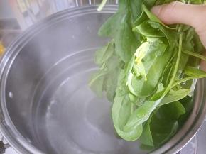 锅内烧开水，把菠菜烫一下