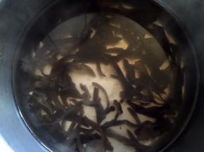 放入木耳丝烫软捞出沥干水分备用