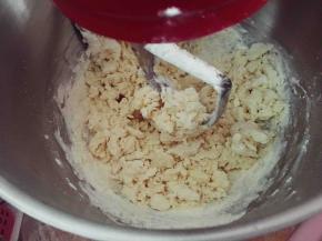 搅拌至无干粉的雪花颗粒状态，关闭厨师机。