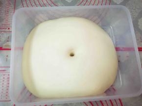 面团发酵至两倍大，手指沾面粉戳孔不回弹不塌陷，就表示发酵到位。