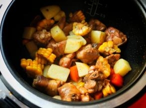 还剩下10分钟的时候，把刚才煎过的土豆块放进去，也可以一开始和胡萝卜等一起放入，我怕炖太久不成块，就分开放了。继续盖盖子等到程序结束。