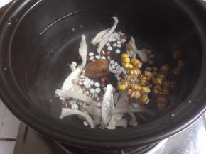将食材放进汤锅，淮山是自己晒的，虽然外表丑丑的，但没有硫磺味