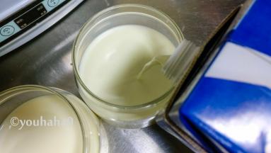 再把余下的牛奶全部倒入容器中，一升牛奶分装入2个酸奶杯中，合上杯子的盖子，一定要扣紧