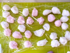 两种颜色面团各留一小块备用，留做猫爪，剩下的面团也分成30等份，并上保鲜膜，为了防止制作的过程中面团水份流失，表面干裂