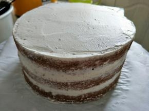 盖上一片蛋糕片，重复上一步。
顶部涂抹奶油，适当抹平，
侧面的处理:抹刀贴侧面转一圈即可。