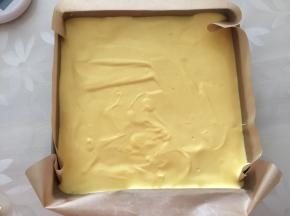 烤盘中铺上蔓越莓（我忘记拍照了）将蛋黄糊倒入烤盘中，放入预热好的烤箱140度上下火20分钟