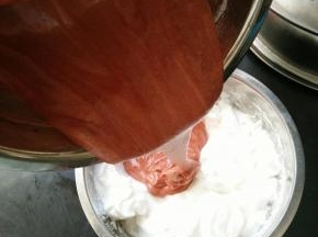 然后再倒回蛋白糊里，继续翻拌至顺滑。把蛋糕糊倒进烤盘里。