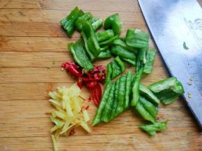 青椒切块，干辣椒，生姜切丝。
