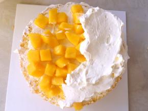 同样的方法抹上淡奶油，撒上适量的芒果丁，再抹上一层淡奶油