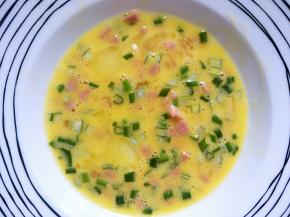 鸡蛋一个打在盘子里，加入葱花和火腿搅拌均匀