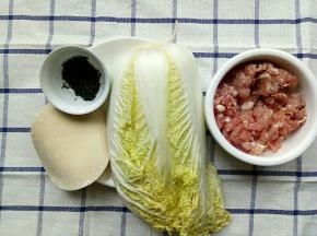准备好食材:白菜，肉末，饺子皮，芝麻粉