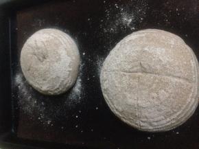 冷藏发酵17小时或者隔夜 回温到室温  烤箱预热200度 面团倒在烤盘上  割口 入烤箱 35分钟