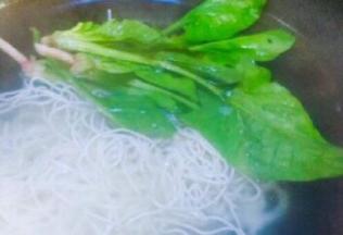 放入洗好的菠菜一起煮，待干面柔软无白心即是煮好