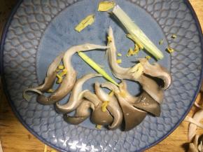 取合适的盘子，放姜末大葱节和凤尾菇