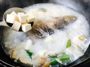 将豆腐块放入鱼汤锅里，大火炖10分钟左右。