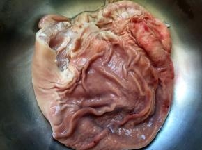 清洗猪肚：先将猪肚表面的黏液刮掉，撒少许面粉揉搓片刻，用清水冲洗干净，再撒少许盐揉搓几分钟，用清水冲洗干净即可