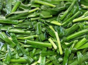锅中水烧开，放韭菜段，煮沸即刻捞出沥干。