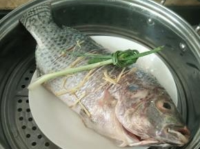 然后放到蒸锅里，在鱼身上放葱结。大火蒸8~10分钟。