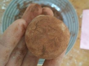 把香菇放到可可粉里转一圈。