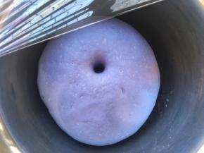 面团揉好后，蓝色面团也发酵好了，同样取出轻揉排气，盖保鲜膜松弛
