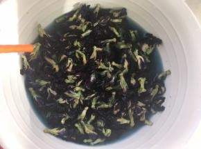 揉面的过程将蝶豆花加热水侵泡10分钟，让蝶豆花的颜色充分释放出来