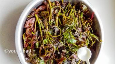 晾干的香椿芽放在干净的盆中，铺一层香椿芽撒一勺盐，一层一层摞压起来