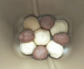 把四个可可小面团错开摆在白色面团旁，如图