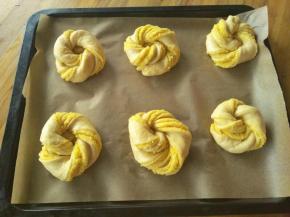 卷好的椰蓉面包坯间隙的排在烤盘上