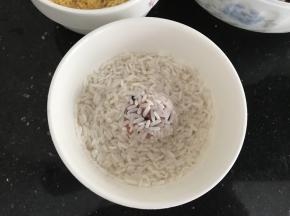 放入糯米碗里，端起碗摇晃使肉丸子在碗边快速转圈均匀表面沾满糯米