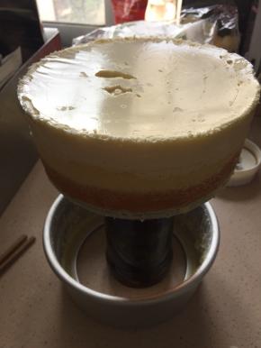 取出冷藏好的芝士蛋糕，用湿过热水的毛巾包裹模具外壁几秒，即可轻松脱膜
