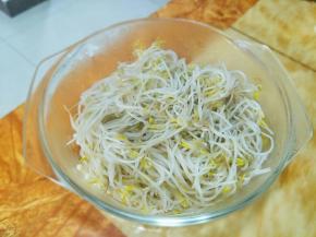 烫熟的金针菇跟豆芽放入盆里垫底