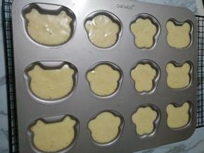 9、先用彩色面糊勾勒出动物的眼睛、鼻子和嘴巴，放入烤箱烘烤1分钟，取出倒入原色面糊，160烘烤12-15分钟左右。