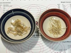 处理肠衣，反复洗干净表面的盐粒，浸泡20分钟，肠衣浸泡到位，弹性非常好的时候，把肠衣的一端套在水龙头上，打开水龙头，把肠衣中间也冲洗一下，也可以顺便检查，肠衣是否有破损的