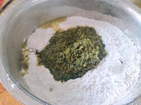 把鼠曲草碎还有一点水放进去面粉里