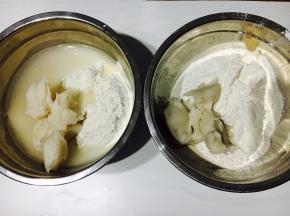 以上食材适合学厨11寸方形不沾烤盘一份的用量.
油皮「左」和油酥「右」材料各自混合。